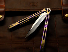 Load image into Gallery viewer, Tempest Midtech Balisong - Purple/Gold Dual Tone