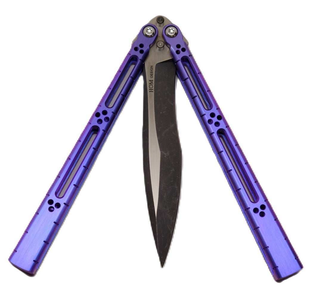 I-Basilisk Channel Balisong - Acid Wash 2-tone Blade, Purple latchless handles