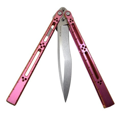 I-Basilisk Channel Balisong - Stonewashed Blade, Magenta latchless handles