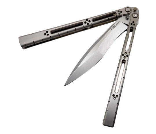 I-Basilisk Channel Balisong - Stonewashed Blade, Silver latchless handles