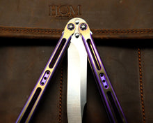 Load image into Gallery viewer, Tempest Midtech Balisong - Purple/Gold Dual Tone
