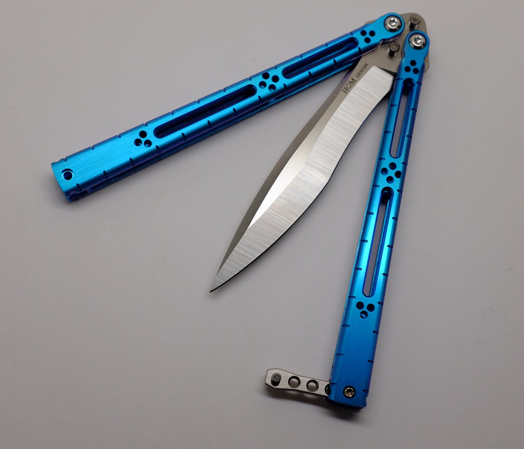 I-Basilisk Channel Balisong - Satin Blade, Blue handles with latch